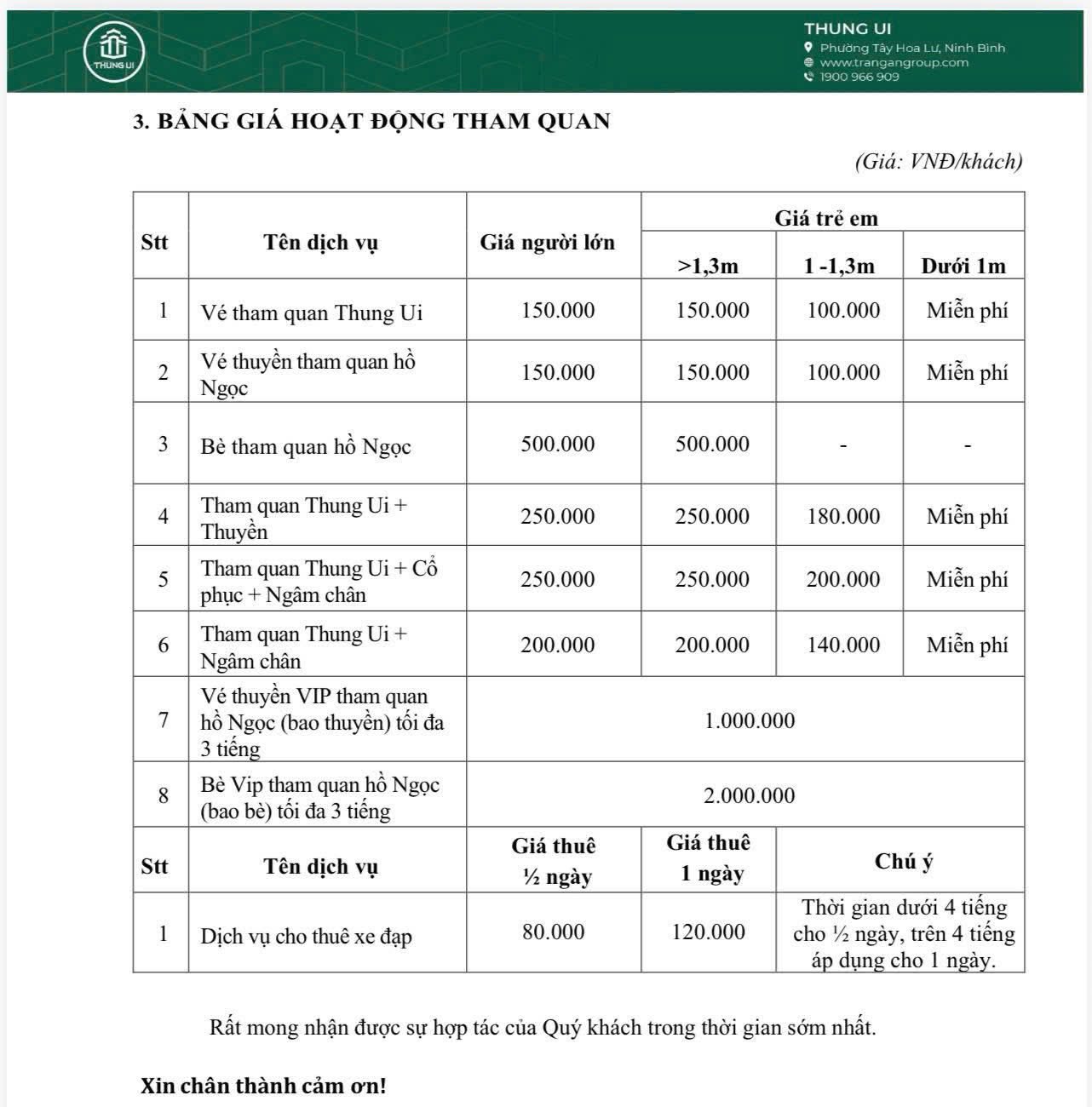 Thung Ui service prices Thung Ui service prices